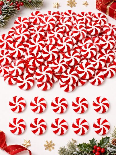 1 Inch Christmas Candy Cane Decorations, 50pcs Plastic Faux Peppermint Candy Ornaments, Red And White Color, Suitable For Christmas Holiday Decor, Party Favors And DIY Crafts