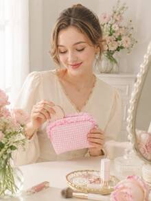 Cosmetic Bag, Cute Storage Bag, Plaid Ruffle Cosmetic Bag, Plaid Cosmetic Storage Bag, Portable Zipper Beauty Storage Bag, Essential For Women And Girls Travel, Holiday, School, Christmas Gift, Best Gift For Women - Multicolor - View 3
