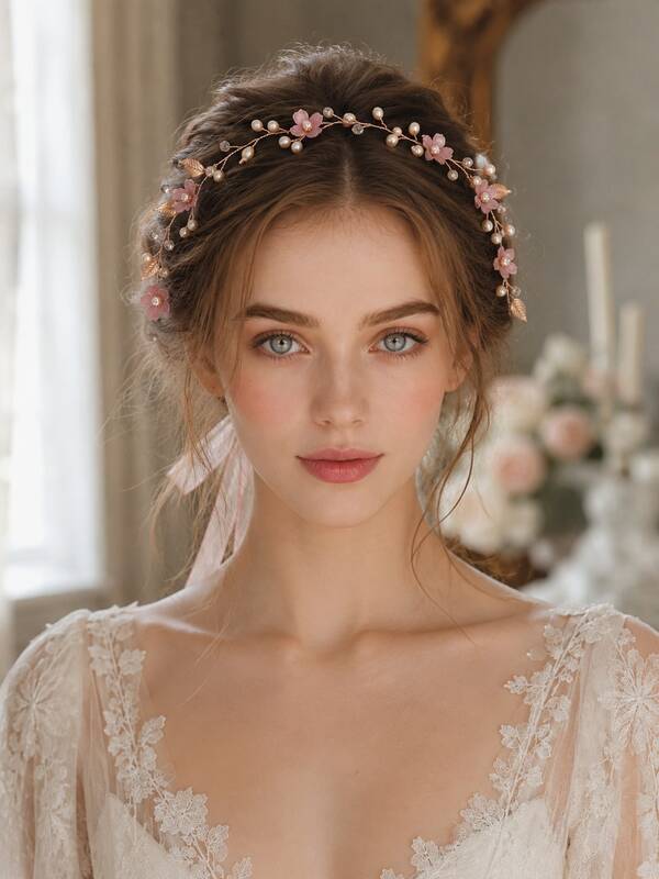 Romantic Pink Floral Pearl Bridal Hair Vine, Gold Leaf Crystal Ribbon Headband, Floral Wedding Hair Accessory Suitable For Bride, Bridesmaid, Evening Party
