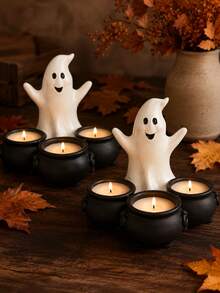 1pc Halloween One‑Piece Ghost Tealight Candle Holder With 3 Integrated Witch Cauldrons, All‑In‑One Ghost Figurine Tea Light Holder, Spooky Tabletop Mantel Centerpiece, Home Party Holiday Decor Ornament, Candles Not Included - Ghost Candlestick - View 5