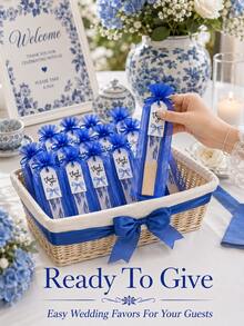 Blue Floral Bamboo Folding Hand Fan Set With Organza Gift Bag, Tassel And Thank You Tag, Wedding Guest Hand Fan, Wedding Guest Favor, Bridal Shower Gift, Bridesmaid Gift, Bride-To-Be Gift, Wedding Party And Autumn Wedding Decor - Blue and White - View 4