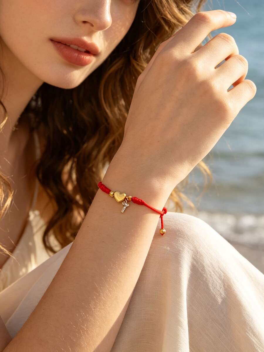 1pc European & American Style Stainless Steel 18K Gold Plated Heart-Shaped Rhinestone & Number Red String Bracelet, Women's Gift, Daily Accessory