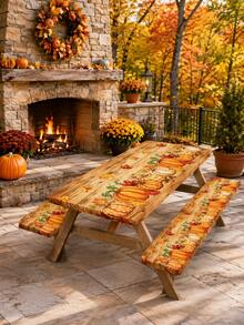 1/3pcs-Fall Stretch Fitted Picnic Table Cover And Bench Coverset, Rustic Wood Grain Pumpkin Maple Leaf Print SRectangular Tablecloth, Harvest Thanksgiving Decor For Patio Backyard Outdoor Autumn Dinner Party - Multicolor - View 9