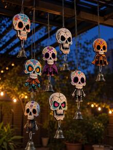 8 Peças Sinos de Vento com Caveira Pintada do Dia dos Mortos & Halloween, Decoração de Bruxa de Abóbora, Uso Interno/Externo, Som Nítido e Agradável, Adequado para Quintal, Fazenda, Festa ou como Presente - Vários estilos - Visão 2