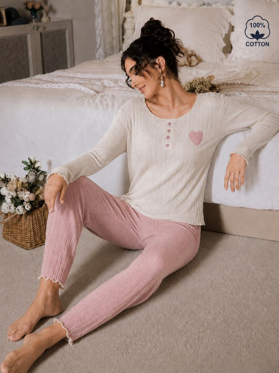 Women's Two-Piece Rib-Knit Pajama Set - Long-Sleeve Button-Detail Top & Matching Trousers - Soft, Cozy Loungewear For Ultimate Relaxation - Pink - View 1