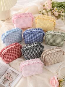 Cosmetic Bag, Cute Storage Bag, Plaid Ruffle Cosmetic Bag, Plaid Cosmetic Storage Bag, Portable Zipper Beauty Storage Bag, Essential For Women And Girls Travel, Holiday, School, Christmas Gift, Best Gift For Women - Multicolor - View 1