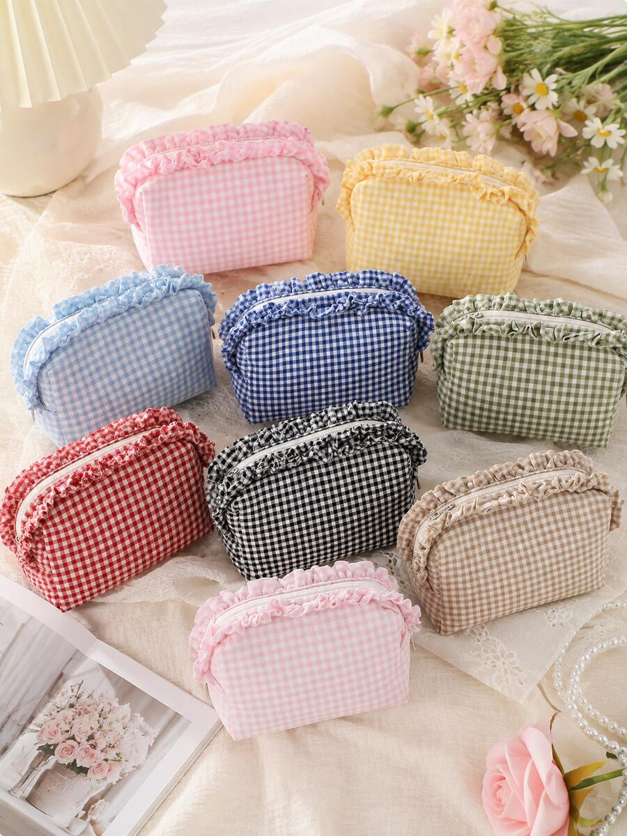 Cosmetic Bag, Cute Storage Bag, Plaid Ruffle Cosmetic Bag, Plaid Cosmetic Storage Bag, Portable Zipper Beauty Storage Bag, Essential For Women And Girls Travel, Holiday, School, Christmas Gift, Best Gift For Women - Multicolor - View 1