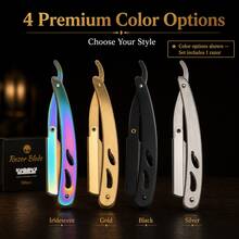 Men Barber Grade Hollow Out Foldable Shavette Razor Grooming Kit, Multicolor Stainless Steel Straight Shaving Razor, Foldable Portable Design For Precise Beard & Neckline Edging, Value Pack Contains 100 Single Edge Blades, 4 Stylish Color Choices For - Multi-color - View 2