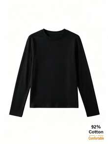 Women's Autumn Long Sleeve T-Shirt, Versatile Black Solid Color Slim Fit Inner Layer Base Top - Black - View 6