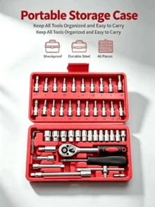 1套禮盒裝46件組合工具組，汽車機械維修車載套筒扳手工具箱，組合五金套組，全套車輛維護多件組合拆卸工具 - 46件套組 - 查看 3