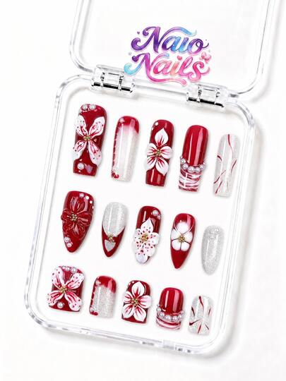NAIO 10pcs/Set Y2K Handmade Press-On Nails, Red Cat Eye Snake Skin Gradient French Tip, 3D Floral Pearl Decor, Elegant Vintage Wedding Style, Suitable For Party And Daily Wear, 3 Sizes Coffin/Almond/Short Square, Fake Nails, Removable And Reusable