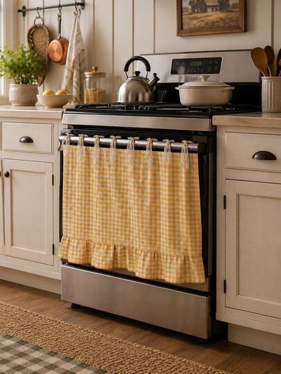 Yellow And White Plaid Oven Curtain, Plaid Dishwasher Curtain, Polyester Fabric With Lace Tie Top And Ruffle Hem, Short Kitchen Tier Curtain, Suitable For Stove, Oven, Dishwasher, Open Cabinets And Small Windows, Farmhouse Style Home Decor