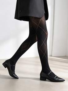 1PC Women's Black Argyle Tights, Sheer Openwork Diamond Pattern Pantyhose, Preppy Vintage Stockings For Fall Outfits - Black - View 3