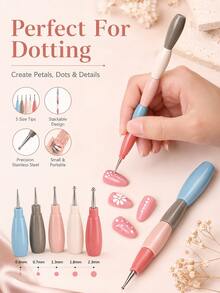 5-In-1 Nail Art Dotting Tool, Multi-Size Ball Tip Dotting Pen For Flower & Polka Dot Designs, DIY Manicure Nail Painting Tool For Gel Acrylic Nails, Portable Nail Art Accessory For Beginners, Home & Salon - Multicolor - View 2