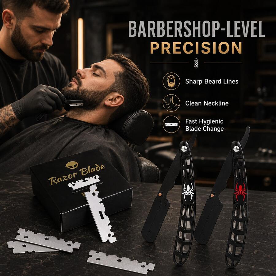 Professional Barber Shavette Straight Razor Set For Men, Hollow Out Spider Pattern Foldable Shaving Razor, Easy Blade Swap Design, Includes 100 Replacement Blades, Salon Precision Edging Grooming Tool, Gift For Barbers & Bearded Men - Multi-color - View 1