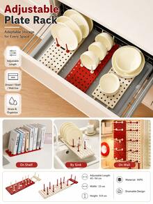 1pc Adjustable Dish Rack, Expandable Plate Bowl Cup Organizer With Removable Pegs, Drainable Kitchen Cabinet Drawer Storage Shelf, Wall-Mounted Multi-Function Organizer For Plates, Lids, Cutting Boards And Cookware - Multicolor - View 2