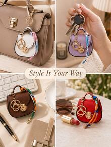 Mini Saddle Keychain Bag, Faux Leather Small Coin Purse With Random Color Scarf Decoration, Gold Lock Hardware, Small Storage Bag, Cute Handbag Charm, Suitable For Daily, Dating, Party Gifts, Multi-Color Mini Shoulder Bag Accessory - Multicolor - View 4