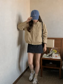Unisex Loose Casual Minimalist Solid Color Jacket - Khaki - View 5