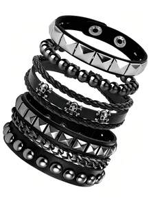 Rivet PU Leather Bracelet Set, Dark Punk Rock Style Wrist Accessory, Featuring Pyramid Studs, Round Rivets, Braided Rope, Chain And Skull Decor, Suitable For Music Festivals, Daily Street Wear And Gothic Theme Parties, Snap Button Adjustable For Multi-Style Layering To Create Cool Looks, Premium Holiday Gift For Lovers, Halloween Bracelet Accessory - Black - View 9