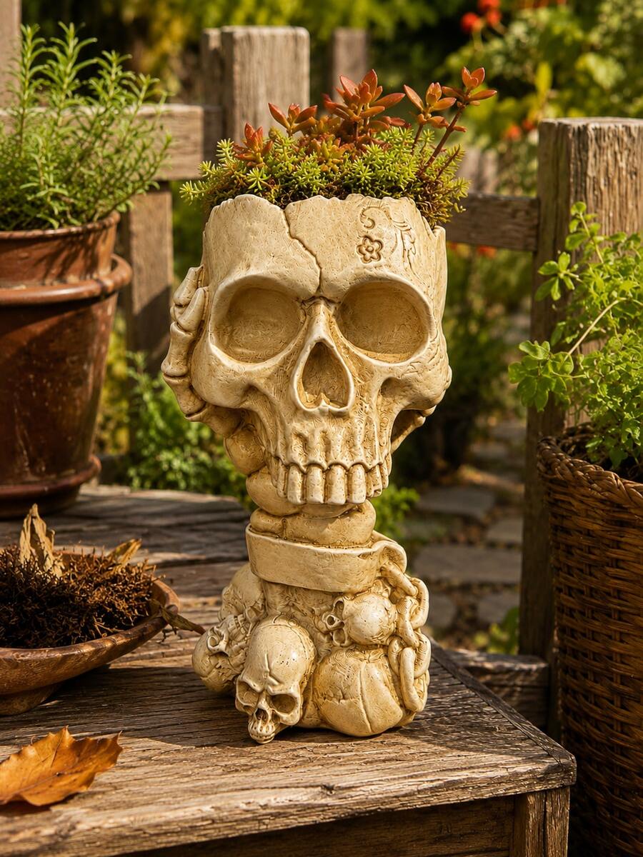 Outdoor Garden Skull Planter, Gothic Style Flower Pot, Halloween Porch Decor, Yard, Patio, Balcony, Garden Table Decorative Succulent Plant Pot, Spooky Plant Pot Home Decor - B - View 1