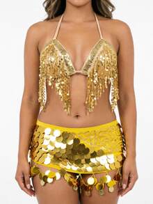 Sequin Fringe Halter Triangle Dance Top Pailette Sequin Embroidered Mesh Coin Charm Mini Hip Skirt Belly Dance Stage Rave Party Outfit - Multicolor - View 14