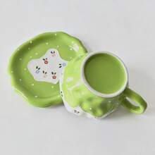 350ml Aesthetic Green Floral Ceramic Mug With Saucer, Wavy Edge Hand Painted Flower Coffee Tea Cup, Lovely Home Tableware Decor - Green - View 11