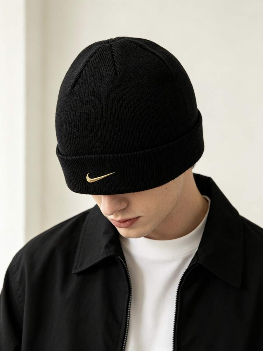 Topi Wol Rajut Bordir Hangat Kasual Olahraga Luar Ruangan NIKE, Unisex - Hitam - View 1