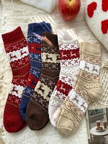 1/3/5/10 Pairs Comfortable Reindeer Print Mid-Calf Socks - Warm Thick Christmas Socks, Women's Style, Festive Animal Pattern, Available In Red, Beige, Brown And Navy Blue, Perfect For Holiday Celebrations - Multicolor - View 2