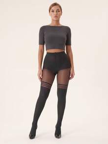 1 pieza Medias altas de mujer con estampado de jacquard, cómodas - Negro - Ver 2