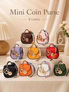 Mini Saddle Keychain Bag, Faux Leather Small Coin Purse With Random Color Scarf Decoration, Gold Lock Hardware, Small Storage Bag, Cute Handbag Charm, Suitable For Daily, Dating, Party Gifts, Multi-Color Mini Shoulder Bag Accessory - Multicolor - View 3