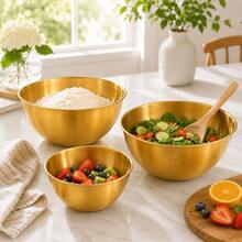 3pcs Stainless Steel Mixing Bowls Set, Suitable For Kneading Dough, Salad, Cooking, Kitchen Utensils - Gold - View 8