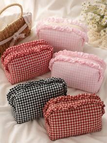 Cosmetic Bag, Cute Storage Bag, Plaid Ruffle Cosmetic Bag, Plaid Cosmetic Storage Bag, Portable Zipper Beauty Storage Bag, Essential For Women And Girls Travel, Holiday, School, Christmas Gift, Best Gift For Women - Multicolor - View 2