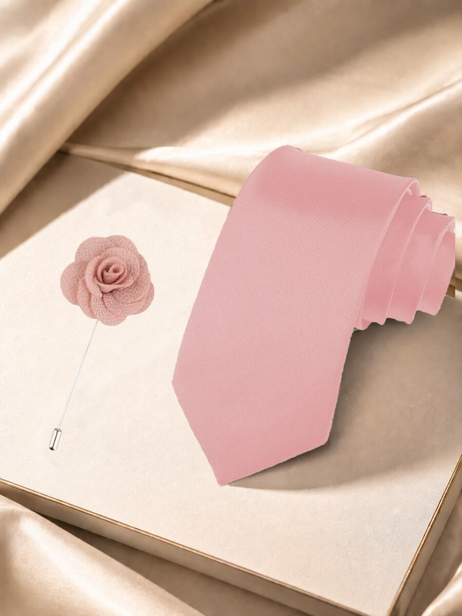 1SET(2PCS) Solid Color Tie & Lapel Pin Set, Minimalist Versatile Handmade Tie & Brooch Combination, Suitable For Daily Wear, Wedding, Party, Cocktail, Banquet - Dusty Pink - View 1