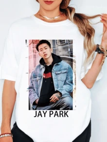 Jay Park Denim Jacket Portrait Graphic T Shirt Street Style Hip Hop Short Tee. - 白色 - 查看 1