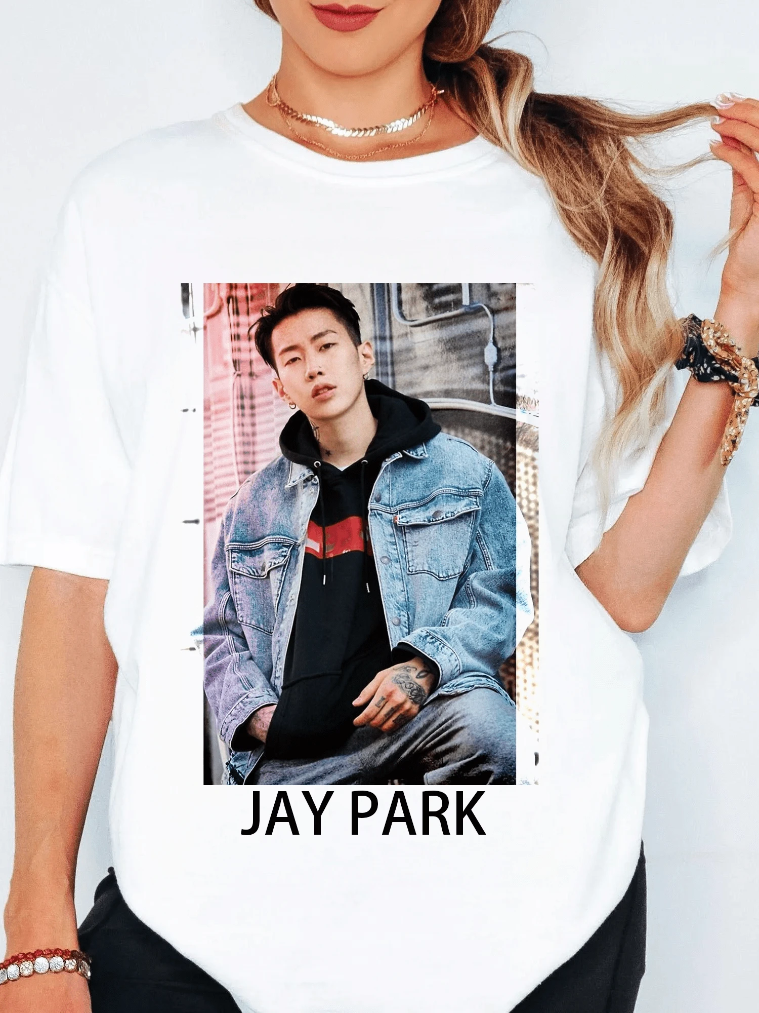 Jay Park Denim Jacket Portrait Graphic T Shirt Street Style Hip Hop Short Tee. - 白色 - 查看 1