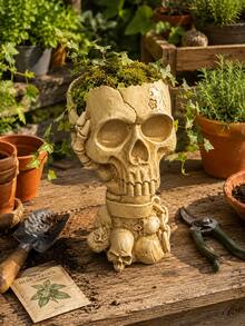 Outdoor Garden Skull Planter, Gothic Style Flower Pot, Halloween Porch Decor, Yard, Patio, Balcony, Garden Table Decorative Succulent Plant Pot, Spooky Plant Pot Home Decor - B - View 2