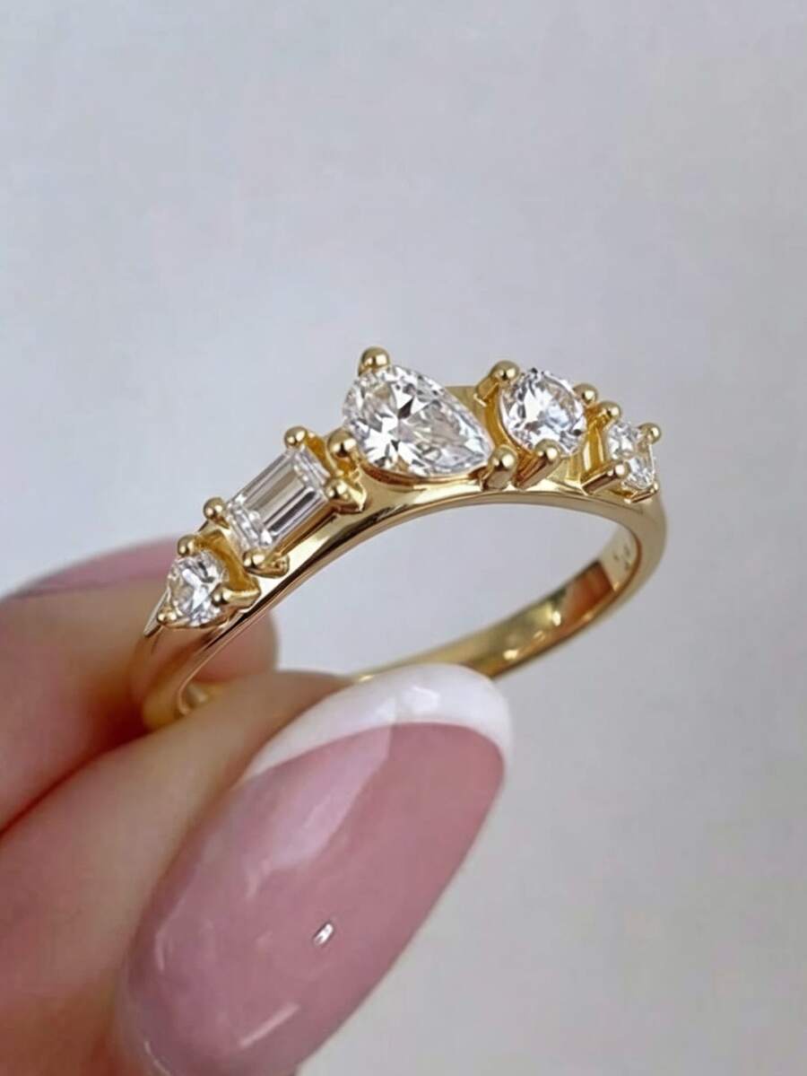 1pc Creative 14K Gold Plated Asymmetric Diamond Wave Couple Ring, V-Shaped Geometric Luxury Multi-Stone Zirconia Finger Ring, Niche Design Women's Accessory Gift Jewelry - Yellow - View 1