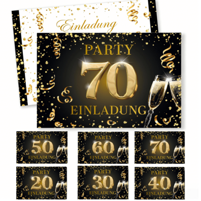 10/20pcs German Birthday Invitation Cards, Black Gold Foil Glitter Ribbon Champagne Glass 20-70 Gold Number Print, Einladung Adult Birthday Party Paper Invitation, Birthday Celebration Supplies