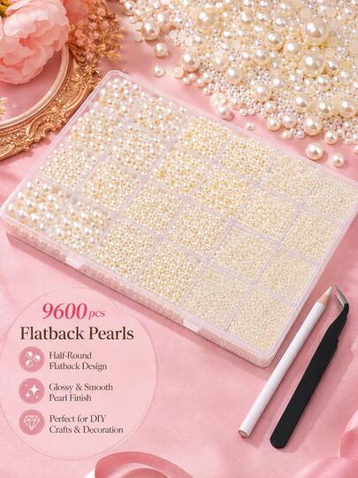 Nail Art Accessories Set, Includes 24 Compartments, Half-Round Flat-Back Pearl Box, 9600 Pearls, 7 Mixed Sizes, Comes With Professional Tools, Suitable For Nail Art, Hair Clips, Scrapbooking And Professional Use By Nail Artists, Designers And Others. Product Also Includes French Nail Tips, Heart-Shaped Seamless Filler Pearl Beads And Other Styles