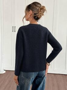 Atasan Sweater Lengan Panjang Kancing Warna Polos Elegan untuk Wanita, Model Terbaru Musim Gugur/Dingin - Royal Blue - View 6