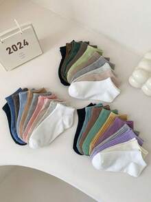 30/20/15/10/5 Pairs Unisex Ankle Socks: Black, White, Grey Colors, Lace Bows, Heart Patterns, Striped Style, Soft Comfortable Casual Multi-Functional Student Ankle Socks, Suitable For Daily Use, Randomly Mixed Colors - Multicolor - View 1