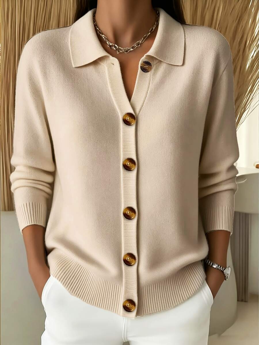 Women's Solid Color Knit Cardigan, Soft And Gentle, Minimalist Commuter Long Sleeve Shirt-Style Jacket - Apricot - View 1