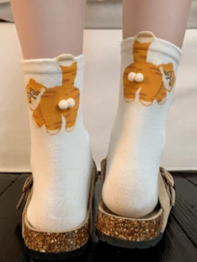 3 Pairs Random Cute Cat, Egg And Bell Pattern Fun Socks, Suitable For Autumn/Winter, Christmas, Back To School, Perfect As Gifts, Unisex Mid-Calf Socks - Multicolor - View 9