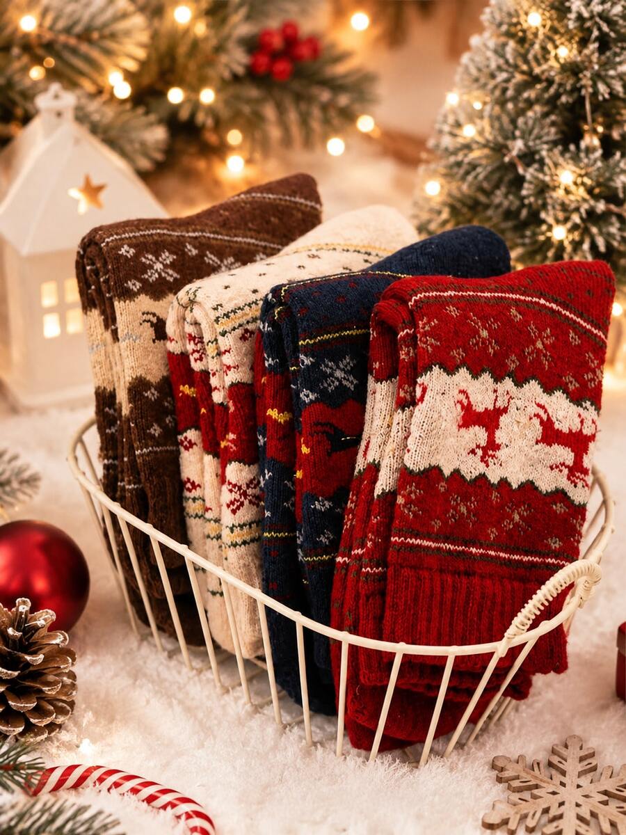 1/3/5/10 Pairs Comfortable Reindeer Print Mid-Calf Socks - Warm Thick Christmas Socks, Women's Style, Festive Animal Pattern, Available In Red, Beige, Brown And Navy Blue, Perfect For Holiday Celebrations - Multicolor - View 1