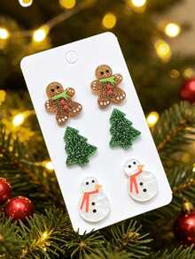 6 Peças Brincos de Botão de Resina com Glitter de Boneco de Gengibre de Natal, Árvore de Natal e Boneco de Neve para Mulheres, Essencial para Mulheres Profissionais Maduras, Brincos Personalizados Vintage Adequados para Presentes de Natal, Uso Diário, Trabalho, Festivais de Música, Festas, Bailes, Uso em Bares - Multicolorido - Visão 5