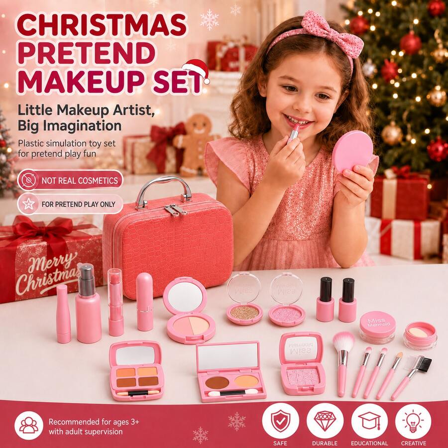 Christmas Kids Pretend Makeup Set, Plastic Simulated Makeup Toy Gift Box With Carrying Storage Case - Multicolor - View 1
