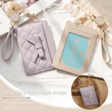 Cute Rhombus Pattern ID Badge Holder With 3D Bow, Retractable Lanyard Up To 35cm, Double-Sided Storage, Slim And Lightweight, Suitable For Employee ID/Transportation IC Card, Commuting/School Use, 4 Colors Available - Multicolor - View 2