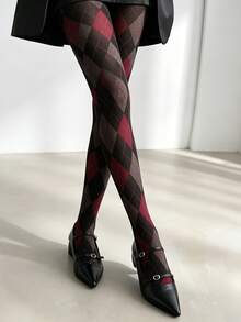 1pc Women's Burgundy & Black Plaid Tights, Classic Plaid Pattern Autumn Leggings, Preppy Vintage Style - Multicolor - View 2