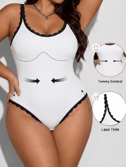 Oillpretty 1pc Women Plus Size Seamless Waist Cincher Bodysuit, Tummy Control Shaping Bodysuit, Lace Trim Ribbed Thin Strap Butt Lifting One-Piece Bodysuit, Can Be Worn As Outerwear, Suitable For Daily Layering, Dress Underwear, Halloween Costume Styling, Curve Shaping Bodysuit