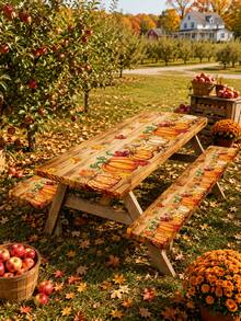 1/3pcs-Fall Stretch Fitted Picnic Table Cover And Bench Coverset, Rustic Wood Grain Pumpkin Maple Leaf Print SRectangular Tablecloth, Harvest Thanksgiving Decor For Patio Backyard Outdoor Autumn Dinner Party - Multicolor - View 6